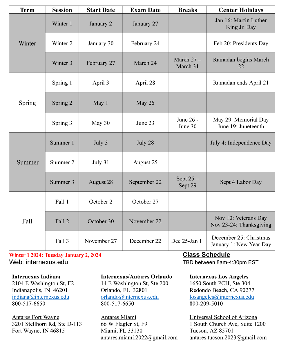 Academic Calendar Internexus Indiana